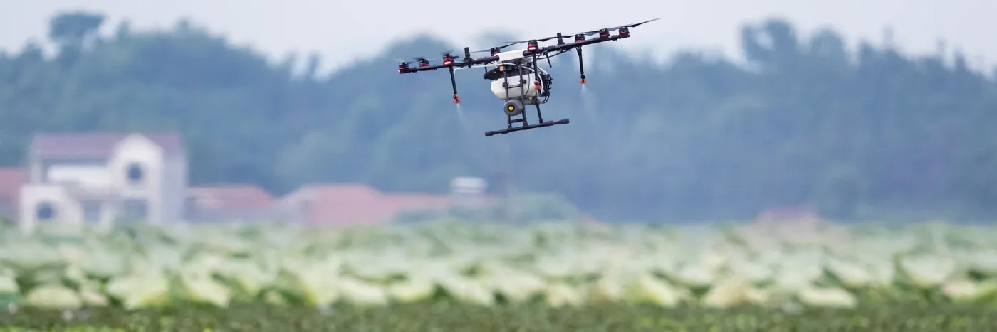 A spray drone flying a pass over a field of leafy crops, with farm buildings and hills behind.
