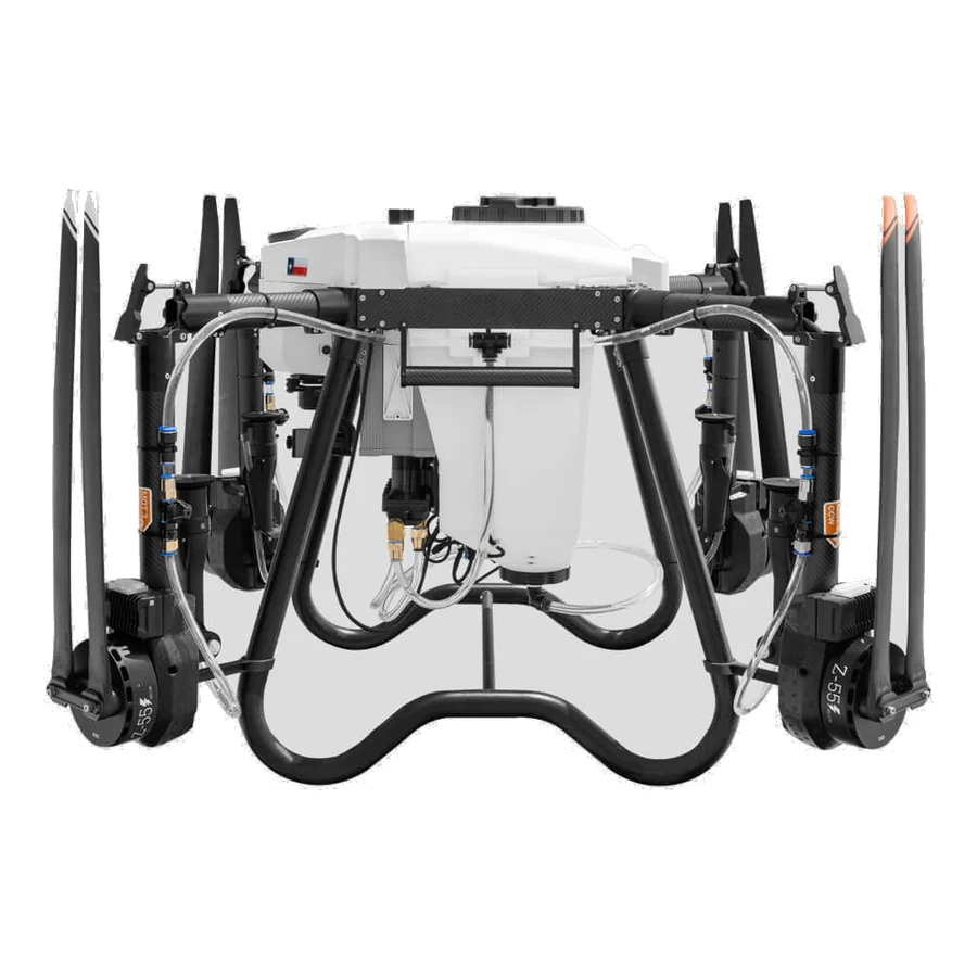 Hylio ARES HYL-150 spraying drone, front view, showing the white liquid tank, the spray plumbing and four carbon arms.